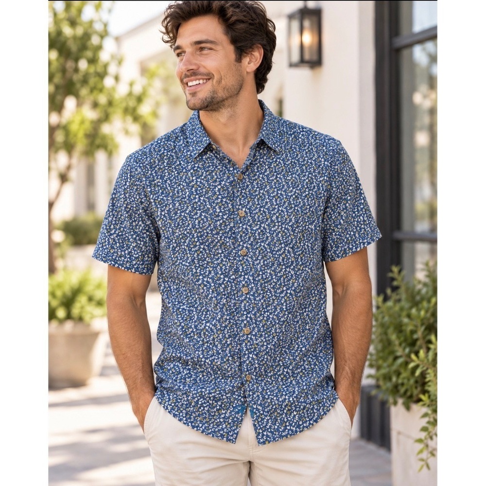 johnnie-O Hangin' Out Men's M Blue Floral Short Sleeve Button Down Shirt